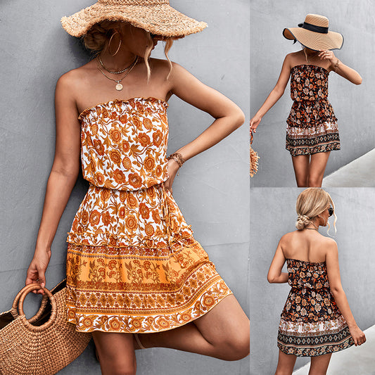Bohemian Floral Print Strapless Summer Dress